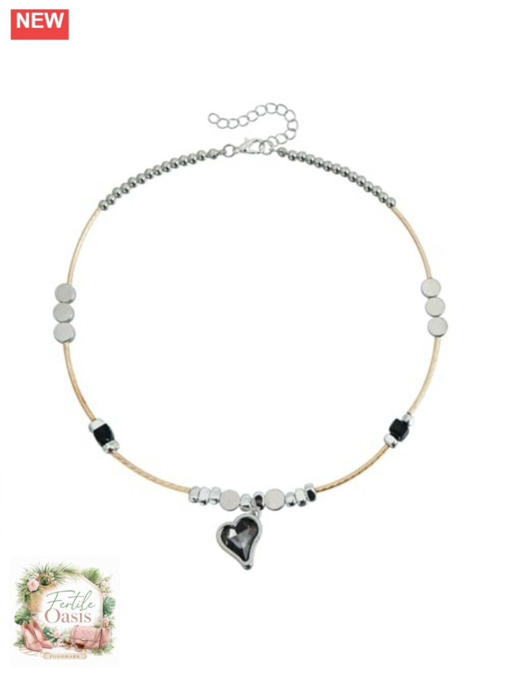 Adjustable Beaded Choker Necklace with Crystal Heart Pendant